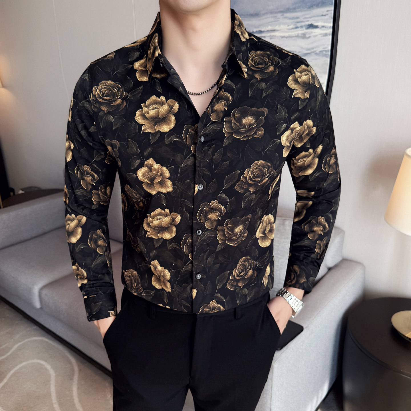 男士四季款潮流衬衫~长袖个性花衬衫时尚花衬衫~419-DC2233-P59,男装衬衫,星座419（原A233）