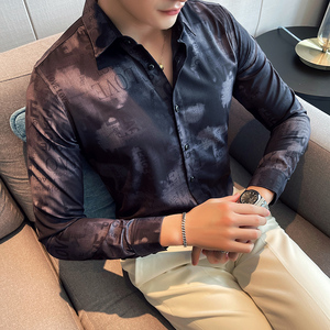 四季款男暗花长袖衬衫轻熟衬衣韩版修身个性上衣秋装衬衫BF42图片