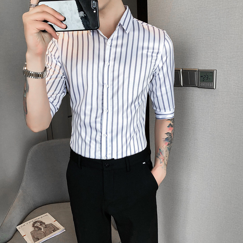 2021春夏男衬衫中袖条纹衬衣青年商务衬衫潮流花衬衫时尚H711,男装衬衫,星座419（原A233）