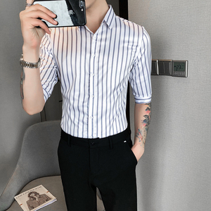 2021春夏男衬衫中袖条纹衬衣青年商务衬衫潮流花衬衫时尚H711图片