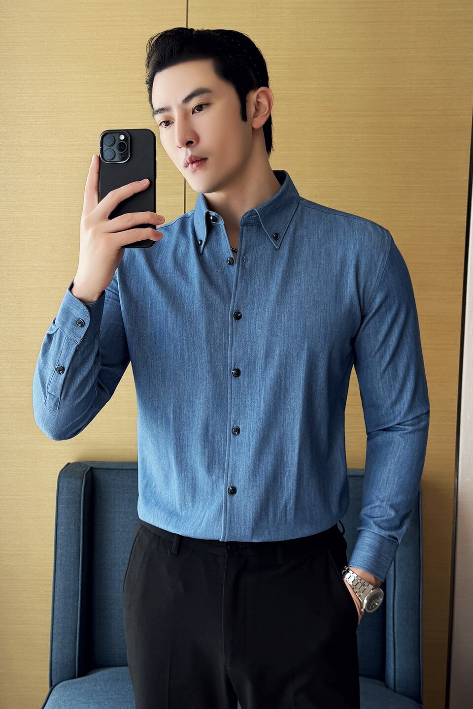 男士秋冬长袖衬衫~潮流牛仔衬衫~时尚尖领纯色衬衣419-M1127-P70,男装衬衫,星座419（原A233）