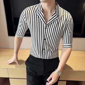 春夏短袖衬衫 男高级感休闲衬衣 条纹西装领5分袖A233-DJ01-P55图片