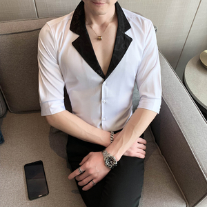 2025春夏男中袖衬衫英伦风个性衬衣修身款拼接潮男款H752-P55控75图片