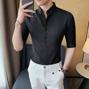 夏季新款男条纹中袖衬衫五分袖衬衣韩版修身个性衬A233-BF97图片