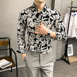 2021春装男衬衫长袖印花衬衣M-4XL男青年商务衬衫A068-BF80图片