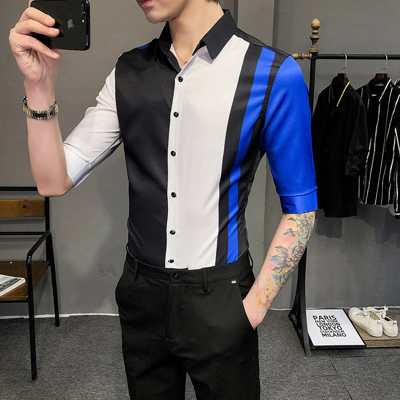 2021春夏男衬衫中袖撞色印花衬衣青年商务衬衫衬衫时尚H714,男装衬衫,星座419（原A233）