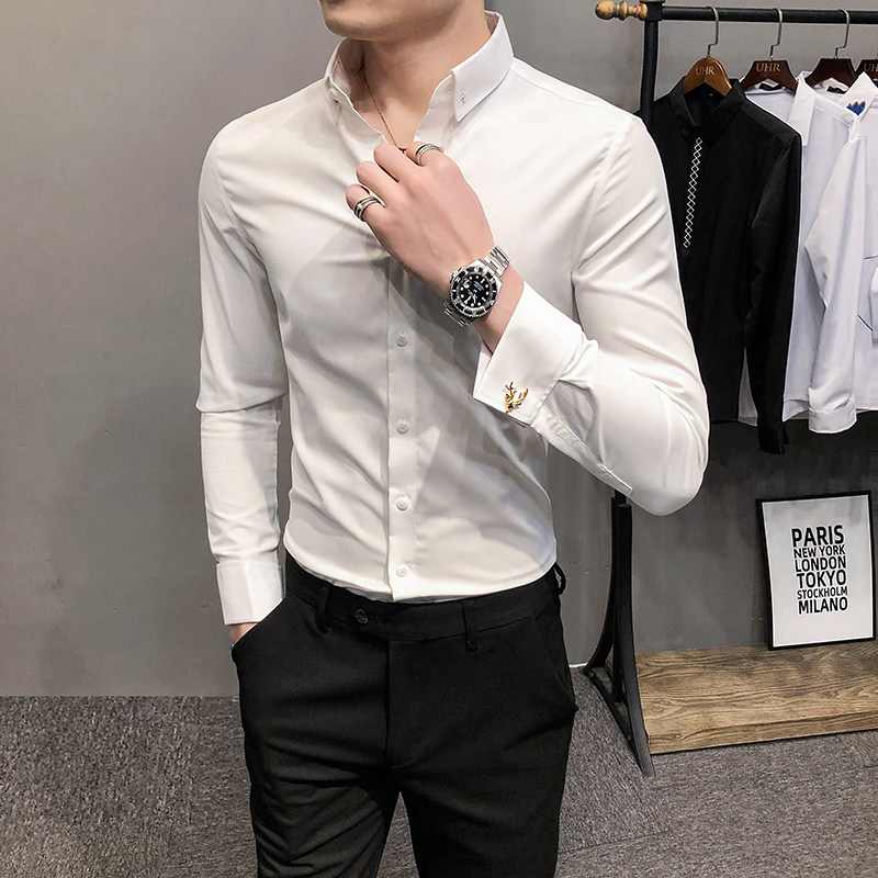 21春装男衬衫长袖纯色衬衣袖扣装饰男青年商务衬衫A068-BF82-P60,男装衬衫,星座419（原A233）