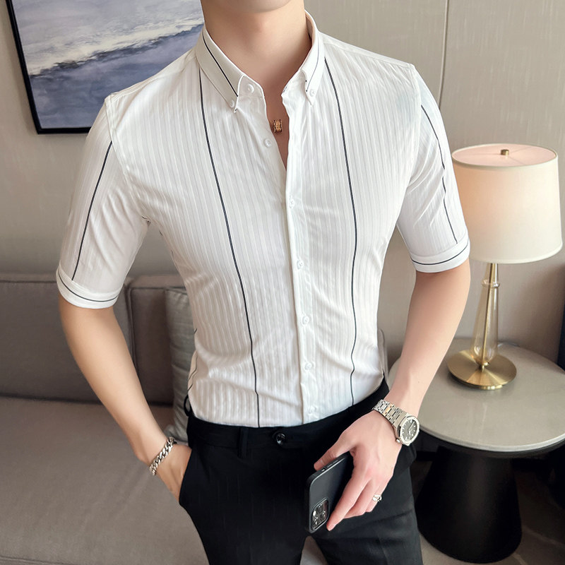 2025春夏男中袖衬衫英伦风个性衬衣修身款条纹潮男衬衣M2105-P60,男装衬衫,星座419（原A233）