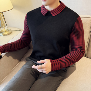 秋冬男士毛衣假两件针织毛衣打底衫撞色条纹领翻领毛衣S3333-P75图片