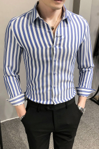 2021春装男衬衫长袖条纹衬衣M-4XL男青年商务衬衫A068-BF83图片
