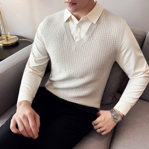 男士假两件毛衣~潮流撞色拼接针织毛衣~衬衫领拼接419-S8808-P79图片
