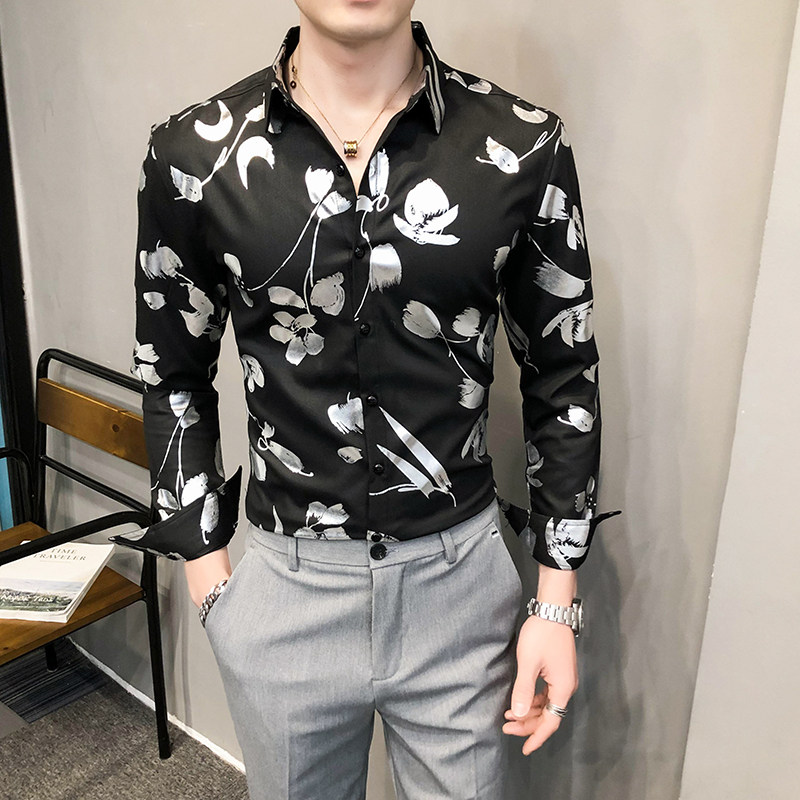 2021春装男衬衫长袖烫金衬衫男青年潮流花衬衫时尚A068-H703,男装衬衫,星座419（原A233）