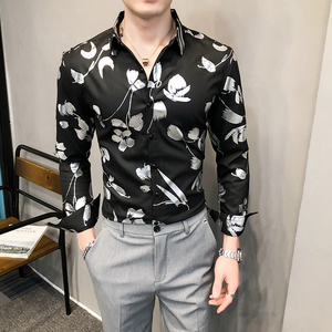 2021春装男衬衫长袖烫金衬衫男青年潮流花衬衫时尚A068-H703图片