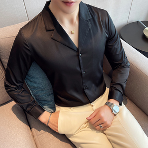 四季款男纯色长袖衬衫英伦风西装领衬衣修身款个性V领衬H698特P35图片