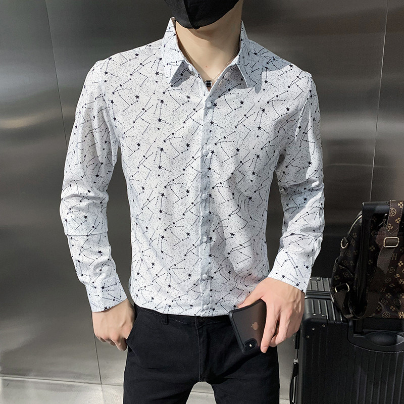四季款男印花长袖衬衫社会风个性衬衣修身款衬衣H723,男装衬衫,星座419（原A233）
