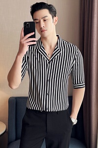 春夏短袖衬衫 男高级感休闲衬衣 条纹西装领5分袖A233-DJ01-P55图片