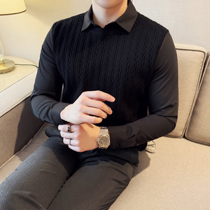秋冬男士毛衣假两件针织毛衣打底衫撞色衬衫领翻领毛衣S1189-P119图片