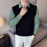 秋冬男士毛衣假两件针织毛衣打底衫拼接格子袖翻领毛衣S2327-P80，男装T恤，星座419（原A233）