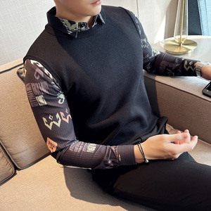 秋冬男士毛衣假两件针织毛衣打底衫拼接彩色袖翻领毛衣S1007-P95图片