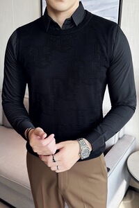 秋冬男士毛衣 假两件针织毛衣 打底衫 拼接翻领毛衣 A233-S1012图片