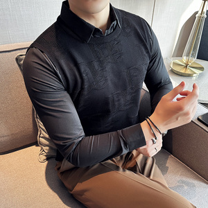 秋冬质感纯色袖衬衫领毛衣 假两件拼接针织套头毛衣S1012-P95黑色图片