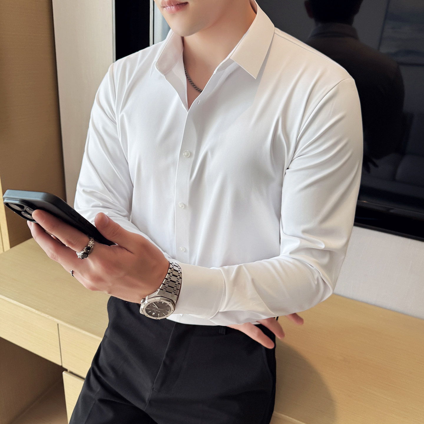 男士四季款长袖衬衫高级感商务休闲衬衣纯色无痕衬衫419-M525-P80,男装衬衫,星座419（原A233）