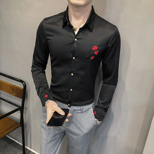 2021春装男衬衫长袖绣花衬衣金属装饰男青年潮流衬衫H86特图片