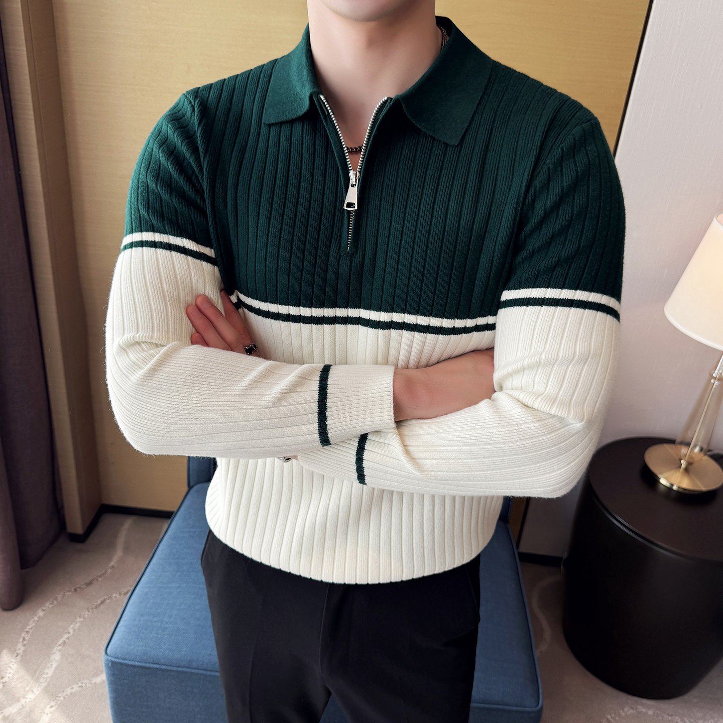 男士秋冬翻领毛衣~潮流POLO领毛衣~撞色拼针织衫419-S93011-P59,男装Polo衫,星座419（原A233）