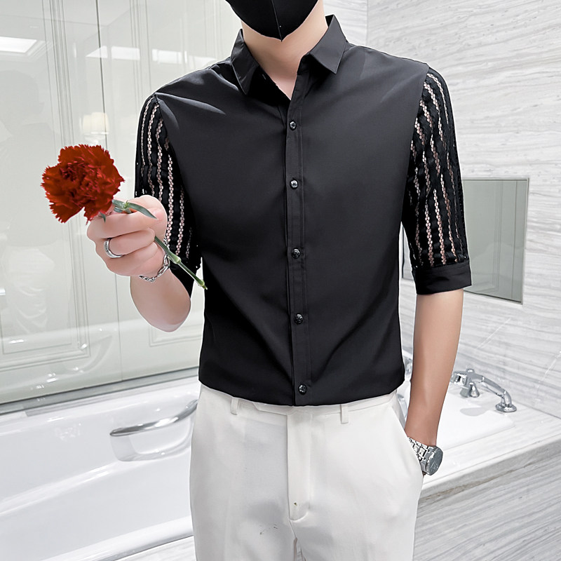 2025春夏款男士衬衫拼接蕾丝个性中袖衬衣5分袖潮流夜店H178特P40，男装衬衫，星座419（原A233）