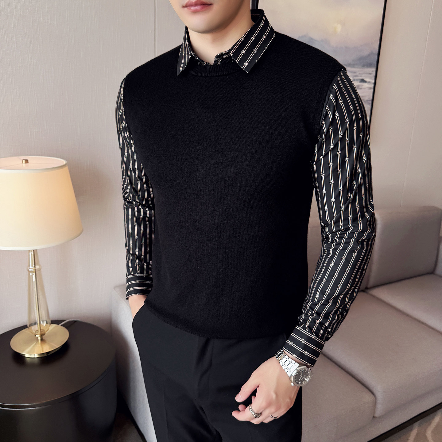 男士秋冬假两件毛衣~潮流撞色拼接衬衫袖针织衫419-S52020-P73,男装衬衫,星座419（原A233）