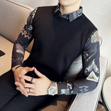 秋冬男士毛衣假两件针织毛衣打底衫拼接彩色袖翻领毛衣A233-S1007，男装T恤，星座419（原A233）