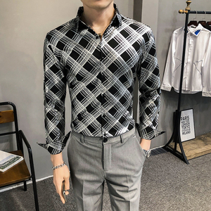 2021春装男衬衫长袖格子衬衫男青年潮流花衬衫时尚A068-H701图片