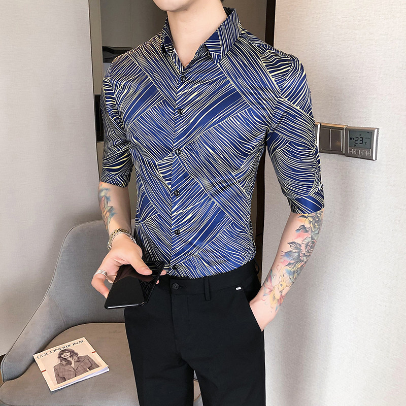 2021春夏男衬衫中袖条纹衬衣青年商务衬衫潮流花衬衫时尚H710图片