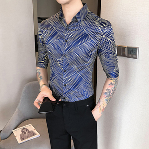 2021春夏男衬衫中袖条纹衬衣青年商务衬衫潮流花衬衫时尚H710图片