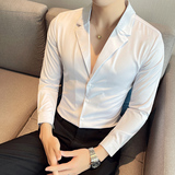四季款男纯色长袖衬衫英伦风西装领衬衣修身款个性V领衬H698特P35，男装西服套装，星座419（原A233）