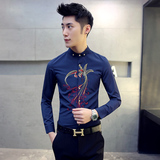 秋新款男韩版刺绣长袖衬衫定位绣凤凰修身发型师工服衬衣H89-P55，男装衬衫，星座419（原A233）