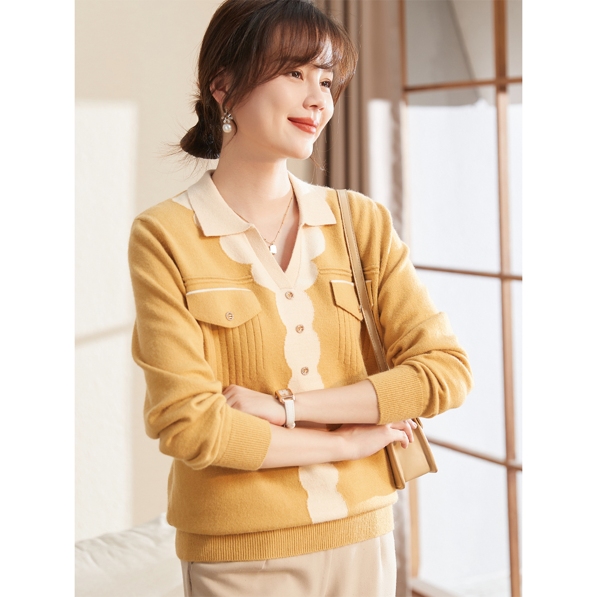 喜卉妈妈春装时尚上衣中年女春秋洋气针织毛衣中老年女装打底小衫