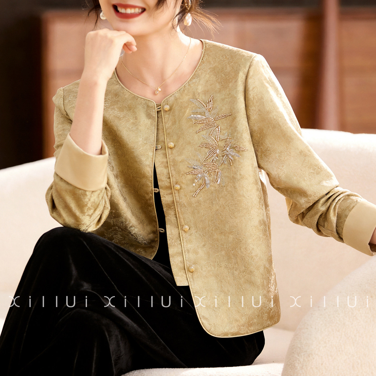 喜卉妈妈春装新中式国风开衫外套中老年女装春季时尚洋气端庄大气