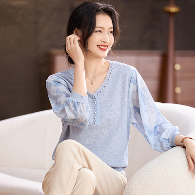新品妈妈春装纱袖V领针织衫减龄中老年女装阔太太洋气高贵上衣服