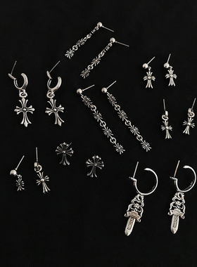 权志龙同款耳环做旧港风街头男女耳饰个性简约十字架暗黑耳钉嘻哈