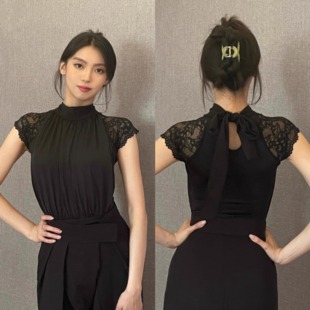 鲸艺舞服2025新款摩登舞服女蕾丝拼接上衣修身显瘦国标舞练功服
