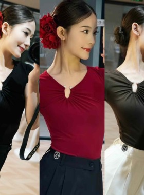 Fairy舞服2025新款拉丁摩登舞服女V领短袖上衣修身显瘦国标舞练功
