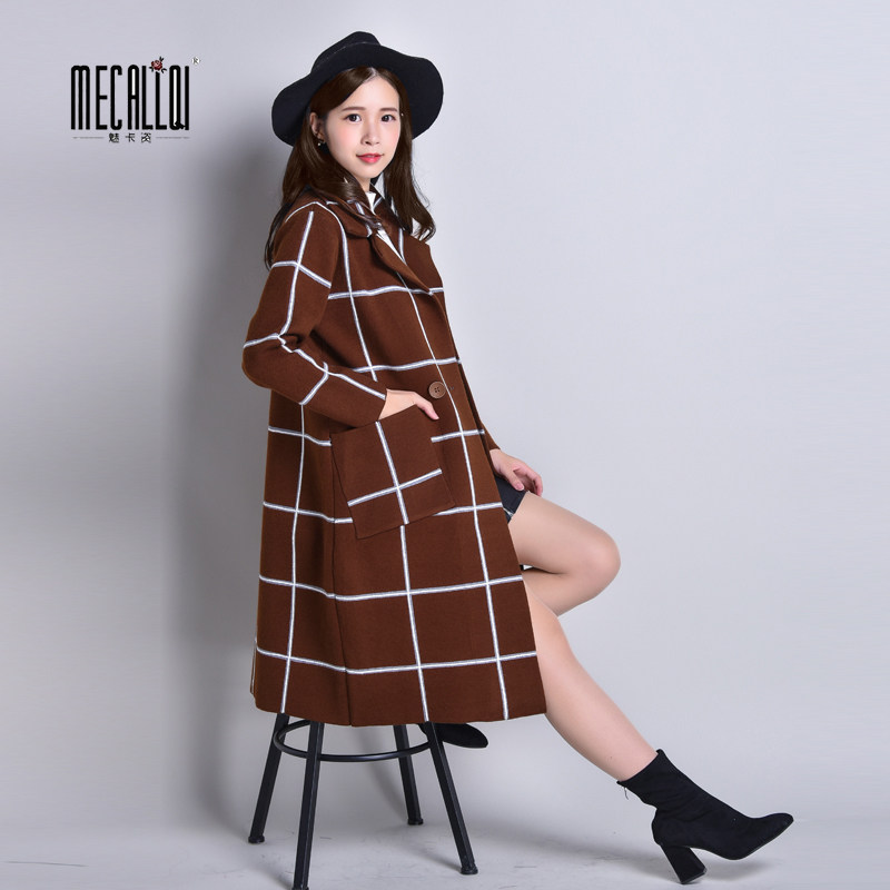 新款中长款韩版时尚修身格子大衣翻领加厚秋冬女外套针织衫女装