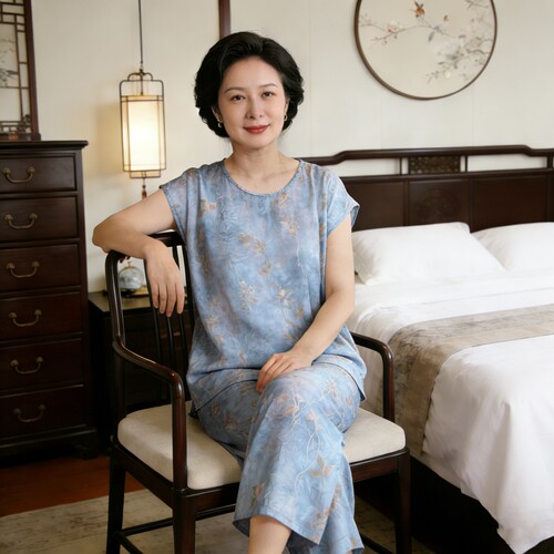 夏季棉绸睡衣中老年家居服套装