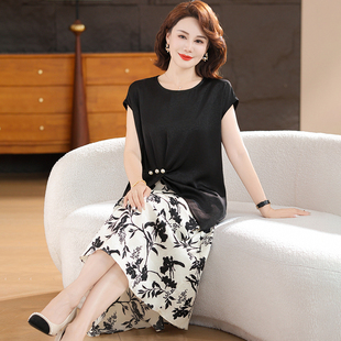 上衣半身裙兩件套中老年女裝 喜卉媽媽夏裝 短袖 洋氣質(zhì)裙子套裝 時尚