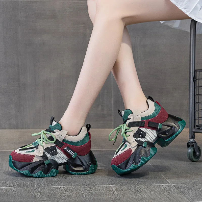 老爹鞋女2025春秋季新款百搭真皮潮流软底高能感厚底小个子运动鞋