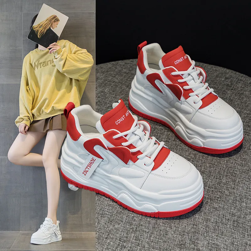 真皮休闲鞋女ins潮2025春秋新款松糕厚底小个子学院风网红小白鞋