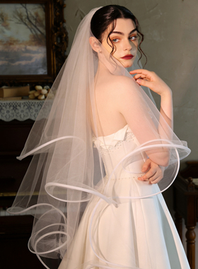 双层白色新娘头纱 西太后弹弹卷边高透纱结婚礼造型拍照样片道具