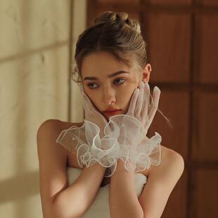 WG142超仙新娘手套 优雅婚纱礼服拍照道具 白色双层卷边钉珠短款