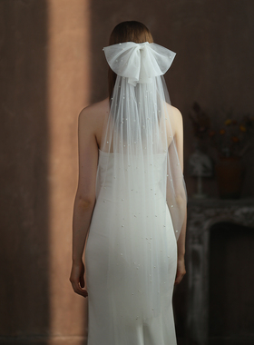 V305欧美珍珠蝴蝶结新娘头纱 复古白色单层婚礼旅拍结婚造型软纱